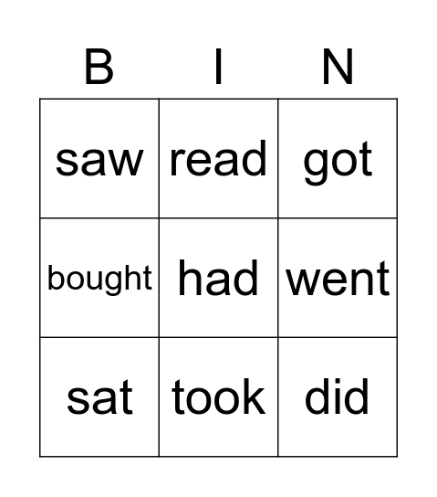 Irregular Past simple verbs Bingo Card