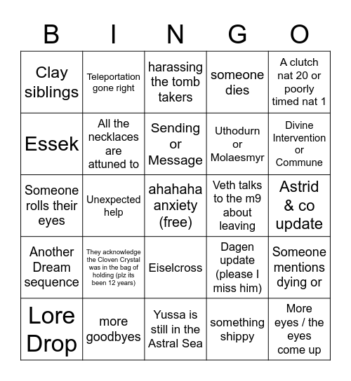 Critical Role  Episode 131 Bingo Card