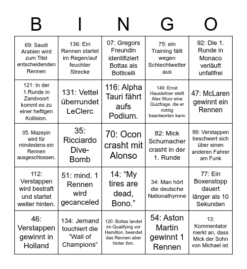 KCC F1 Bingo 2021 - Gregor Bingo Card