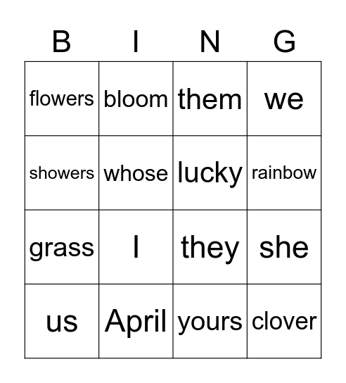 Spring Spelling Bingo Card