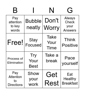 Test Taking Tips Bingo Card