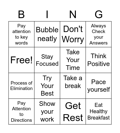 Test Taking Tips Bingo Card