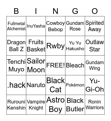 Anime Bingo Card