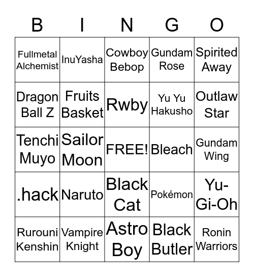 Anime Bingo Card