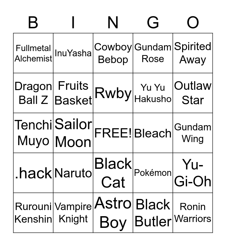 Anime Bingo Card