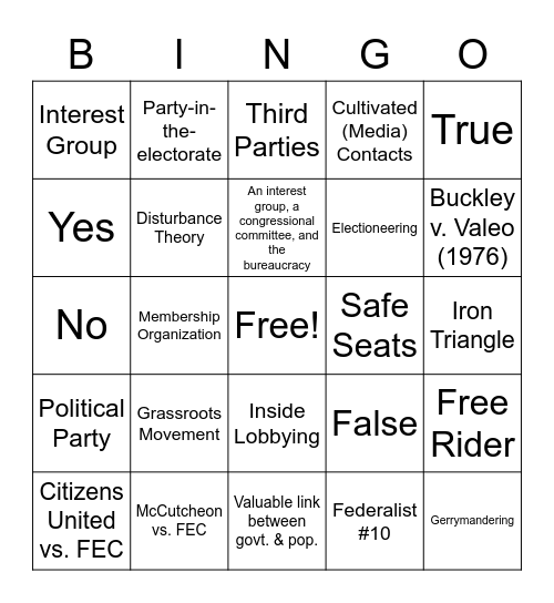 Interest Groups w/ a slash of Political Parties Bingo Card