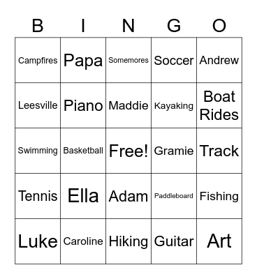 Cousin's Weekend Bingo Card