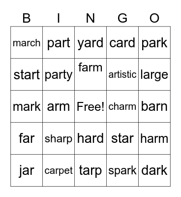-ar words Bingo Card