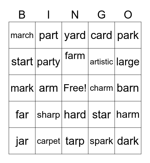 -ar words Bingo Card