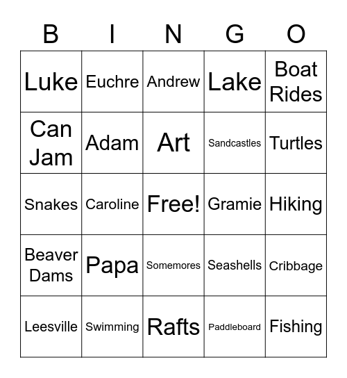 Cousin's Weekend Bingo Card