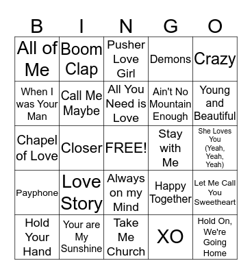 Love Song Bingo Card