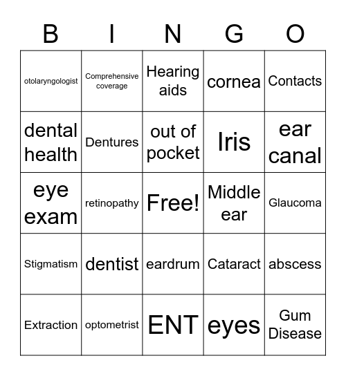 Dental, Vision, & Hearing Bingo Card