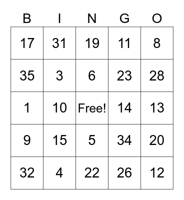 Multiplication Bingo Card