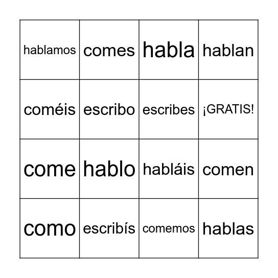 HABLAR  COMER  ESCRIBIR Bingo Card