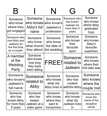 Abby and Jadewin's Wedding Shower! Bingo Card