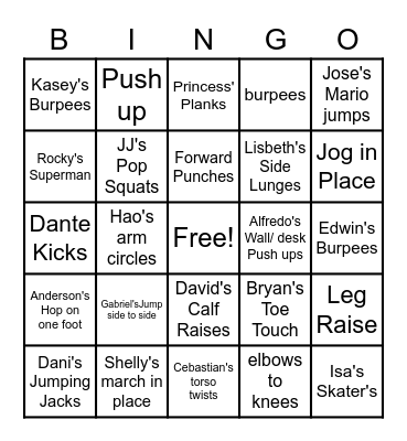 Bret Harte Exercise Bingo Card