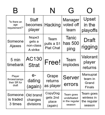 League Zero Season 4 Staff Bingo Card