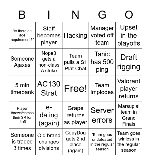 League Zero Season 4 Staff Bingo Card