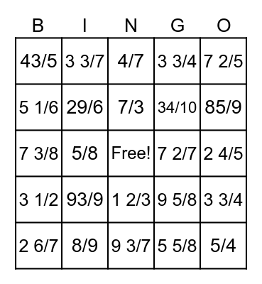 Fraction Bingo Card