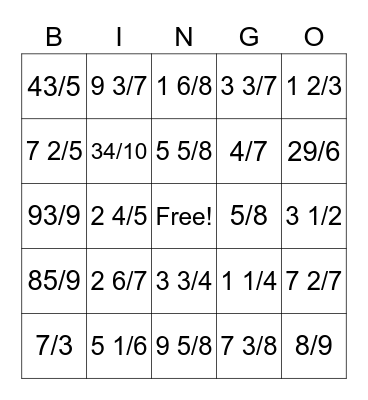Fraction Bingo Card