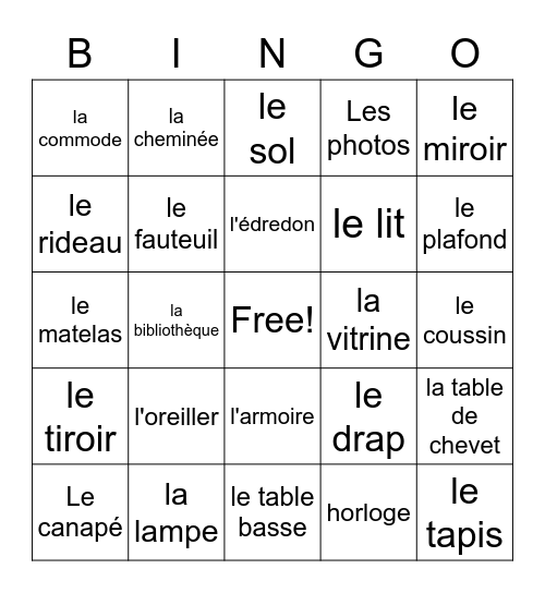 Les meubles Bingo Card