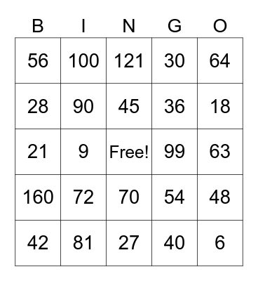 Multiplication Bingo Card