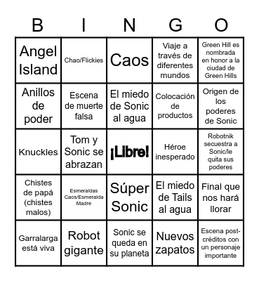 Sonic Movie 2 Predictions Bingo Card