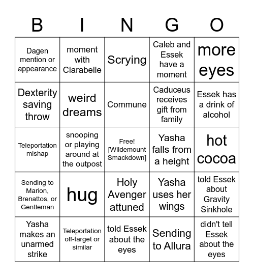 Yasha Auditions For the Part of Zuko [Critical Role 2.131] Bingo Card