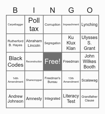 Reconstruction Vocabulary Bingo Card