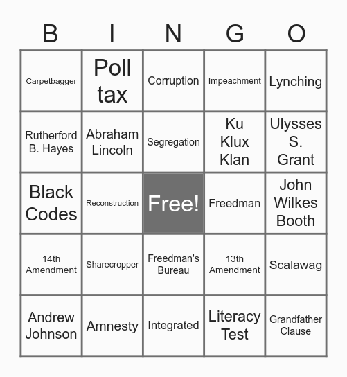 Reconstruction Vocabulary Bingo Card