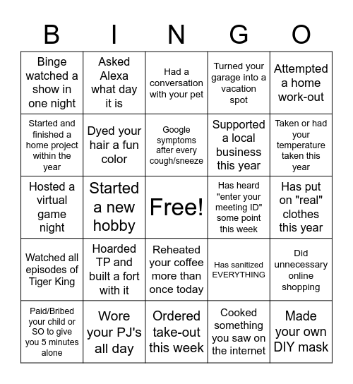 Team Nunnery - WFH/Quarantine Edition Bingo Card