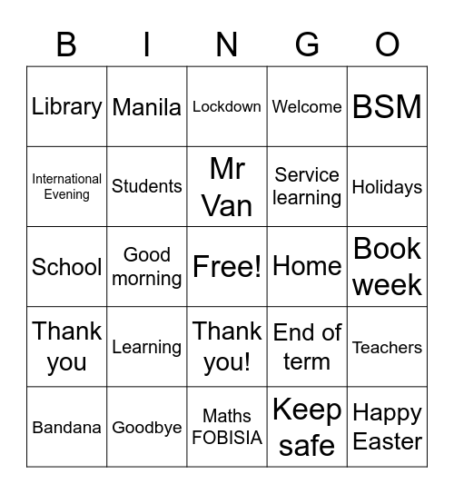 End of term assembly bingo Card