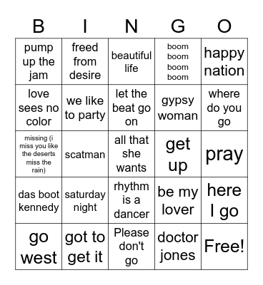 Euro Dance Bingo Card