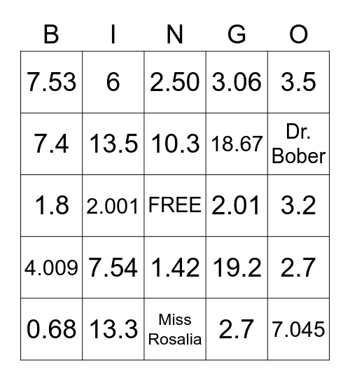 Decimal Bingo Card