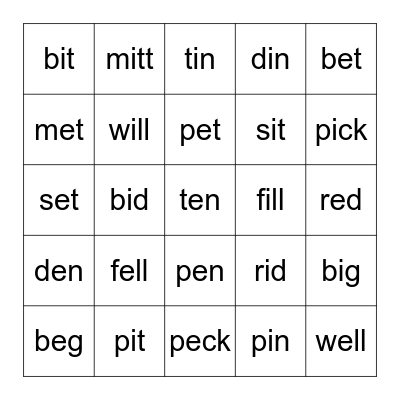 e/i pairs Bingo Card