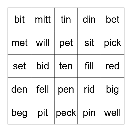 e/i pairs Bingo Card