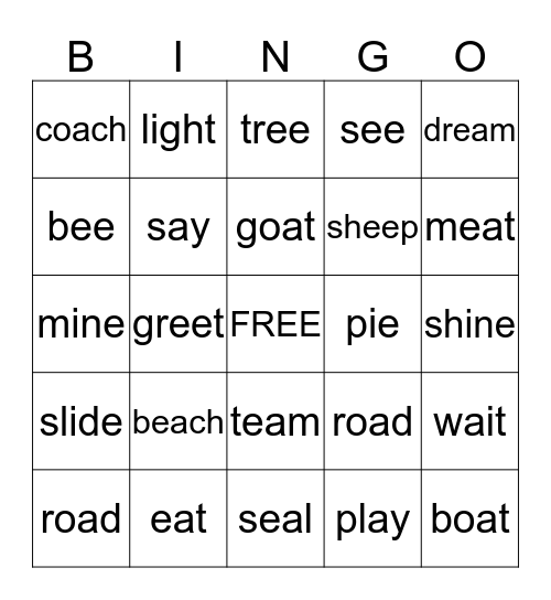 Long Vowel Words Bingo Card