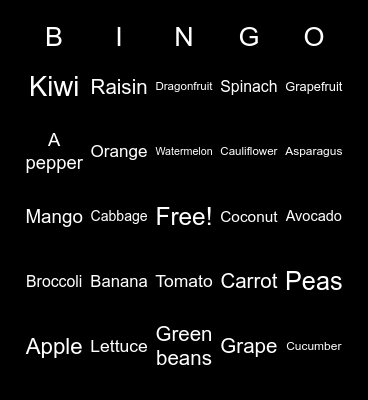 Fruits and vegetables Bingo Card