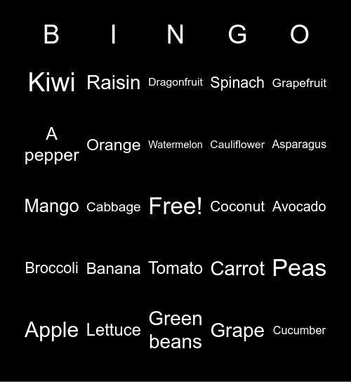 Fruits and vegetables Bingo Card