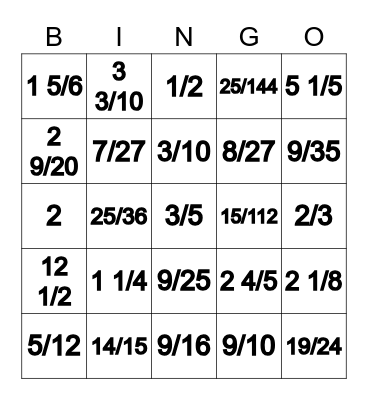Fraction Bingo Card