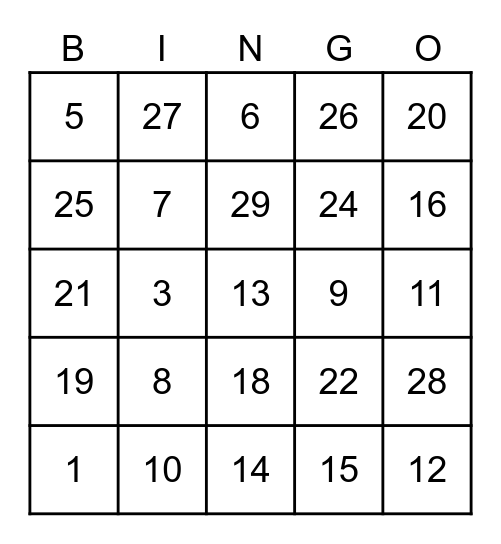 1-30 Bingo Card