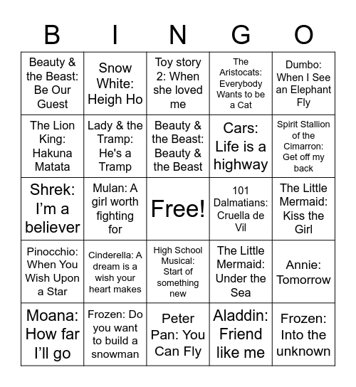 Songs from movies Bingo Card