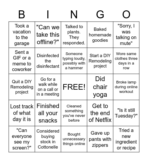 Quarantine WFH office Bingo Card