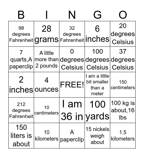 Ballpark Measurement Bingo  Bingo Card