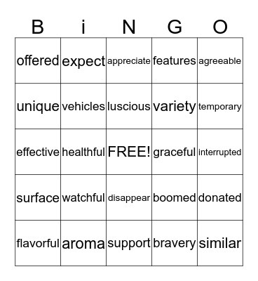 Reading Vocabulary Bingo Card