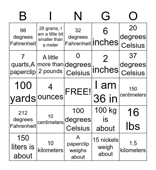 Ballpark Measurement Bingo Card