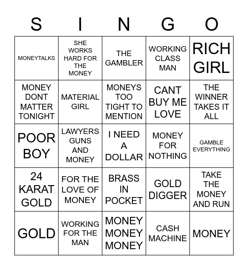 619 SHOW ME THE MONEY Bingo Card