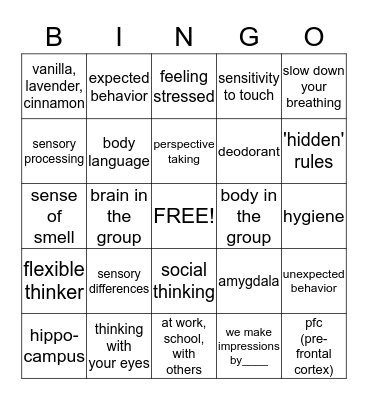 Social Thinking Review Bingo Card