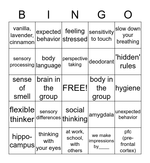Social Thinking Review Bingo Card