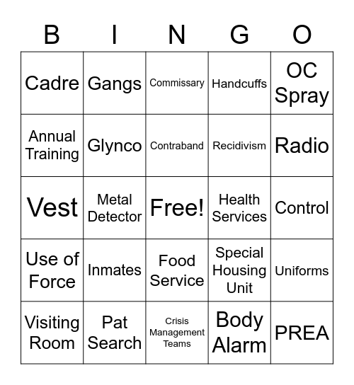 Correctional Worker Bingo Card